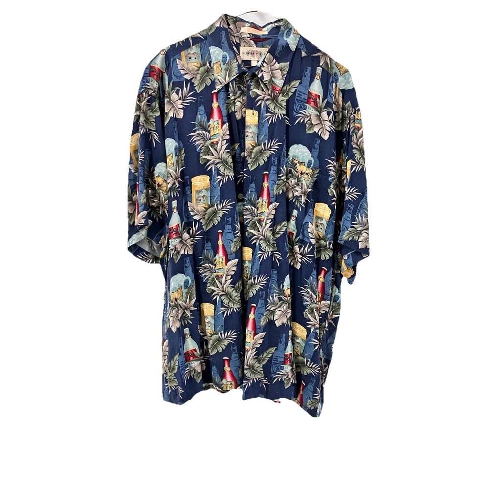 L Men's CAMPIA MODA Vintage Blue Floral Rayon Hawaiian Shirt Beer
